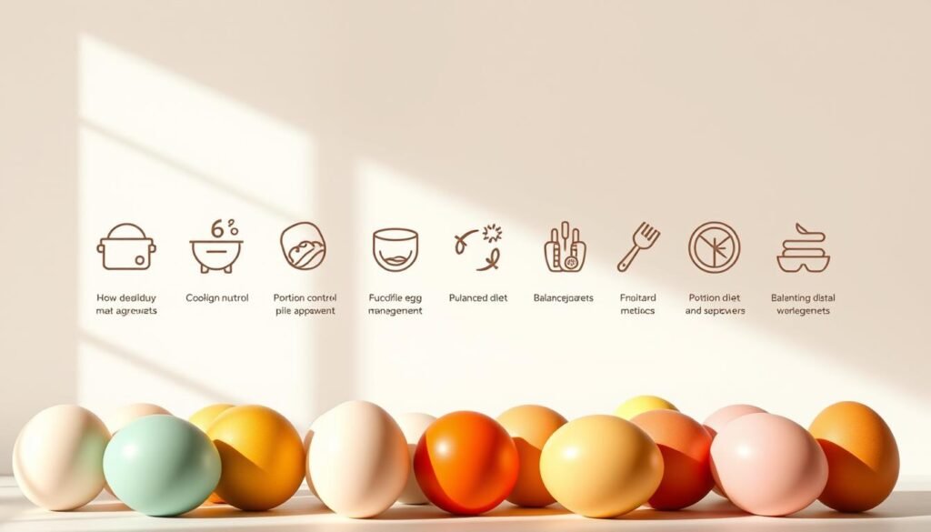 A beautifully designed illustration showcasing various egg-based weight management strategies. In the foreground, a collection of healthy, vibrant eggs in different colors, representing the versatility of this nutritious ingredient. In the middle ground, icons and symbols denoting different cooking methods, portion control, and balanced diets. The background features a clean, minimalist design with subtle textures and geometric patterns, creating a sense of balance and simplicity. The lighting is soft and natural, highlighting the rich hues of the eggs and accentuating the overall elegance of the composition. The image conveys a message of nutritious, thoughtful approaches to weight management centered around the humble, yet powerful, egg.