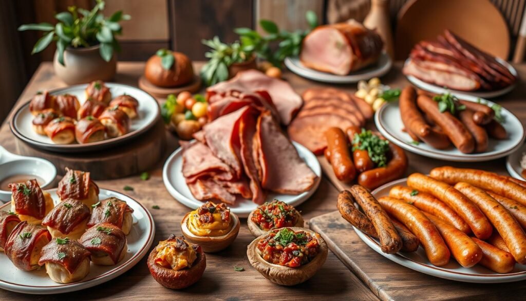 A beautifully styled and mouthwatering spread of creative breakfast meat recipes, captured in a warm, inviting atmosphere. In the foreground, a variety of artfully arranged meat dishes, such as bacon-wrapped sausage bites, mini breakfast sliders, and savory meat-filled stuffed mushrooms. The middle ground features elegantly plated breakfast meats, like maple-glazed ham, spicy chorizo patties, and juicy breakfast sausage links, all accented by fresh herbs and vibrant garnishes. The background showcases a rustic, wooden table setting with natural textures, soft lighting, and hints of lush greenery, creating a cozy, farmhouse-inspired ambiance. The overall composition exudes a sense of culinary creativity and mouthwatering appeal, perfectly capturing the essence of "Creative Ways to Enjoy Your Morning Meat".