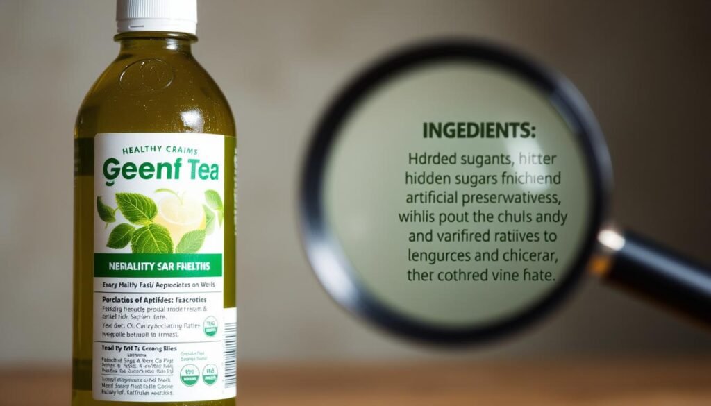 A bottle of bottled green tea stands in the foreground, its label emblazoned with health claims. In the middle ground, a magnifying glass examines the ingredients list, revealing hidden sugars and artificial preservatives. The background is a hazy, subdued palette, hinting at the potential drawbacks of this seemingly healthy beverage. Soft, diffused lighting casts a cautionary tone, while a shallow depth of field focuses the viewer's attention on the problematic aspects of the product. The overall mood is one of skepticism and caution, encouraging the viewer to scrutinize the true nature of bottled green tea.