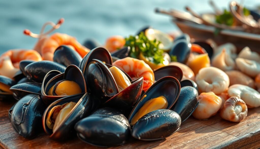 A bountiful assortment of omega-3-rich shellfish glistening under soft, warm lighting. In the foreground, a cluster of plump mussels, their deep-blue shells contrasting against the earthy tones of the wooden table. Alongside, juicy shrimp and tender scallops, their delicate textures hinting at the nutritional richness within. In the middle ground, a sprinkle of vibrant herbs and a drizzle of lemon juice, adding a touch of freshness. The background subtly fades into a serene, natural setting, evoking the tranquility of the ocean from which these nourishing delicacies were harvested. An image that celebrates the bountiful health benefits of a seafood boil, a true feast for the senses.