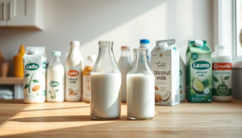 A bright, airy kitchen setting with an assortment of plant-based milk cartons and bottles arranged neatly on a wooden counter. The foreground features two central glass jugs, one filled with almond milk and the other with coconut milk, casting soft shadows. In the middle ground, additional containers of various sizes and shapes showcase the diversity of plant-based milk options. The background has subtle natural lighting, creating a warm, inviting atmosphere that highlights the healthy, eco-friendly nature of these dairy alternatives. The composition emphasizes the introduction and comparison of almond and coconut milk varieties through a visually appealing, minimalist design.