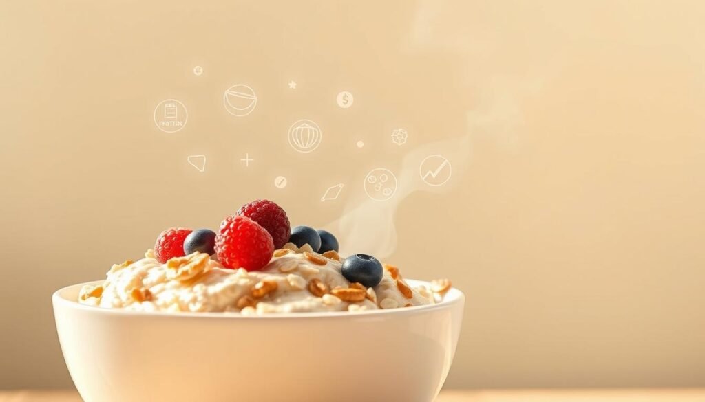 A bright, minimalist illustration showcasing the health benefits of oatmeal. In the foreground, a detailed closeup of a steaming bowl of creamy oatmeal, garnished with fresh berries, nuts, and a drizzle of honey. In the middle ground, various icons representing key nutrients found in oatmeal, such as fiber, protein, vitamins, and minerals, float weightlessly. The background features a soothing gradient in shades of warm, earthy tones, evoking a sense of nourishment and wellness. Soft, diffused lighting casts a gentle glow over the scene, creating an inviting and appetizing atmosphere. The overall composition conveys the idea of oatmeal as a superfood, essential for optimal health and well-being.