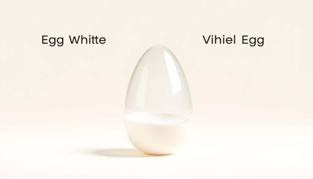 A clean, minimalist illustration contrasting the key nutritional differences between egg white and whole egg. A transparent egg-shaped vessel in the foreground, divided in half, shows the distinct compositions on each side - the egg white on the left, the whole egg on the right. Subtle shadow and light play highlights the visual separation. The background is a soft, neutral gradient, allowing the subject to take center stage. Technical precision, clean lines, and a balanced, professional aesthetic to effectively communicate the nutritional insights.