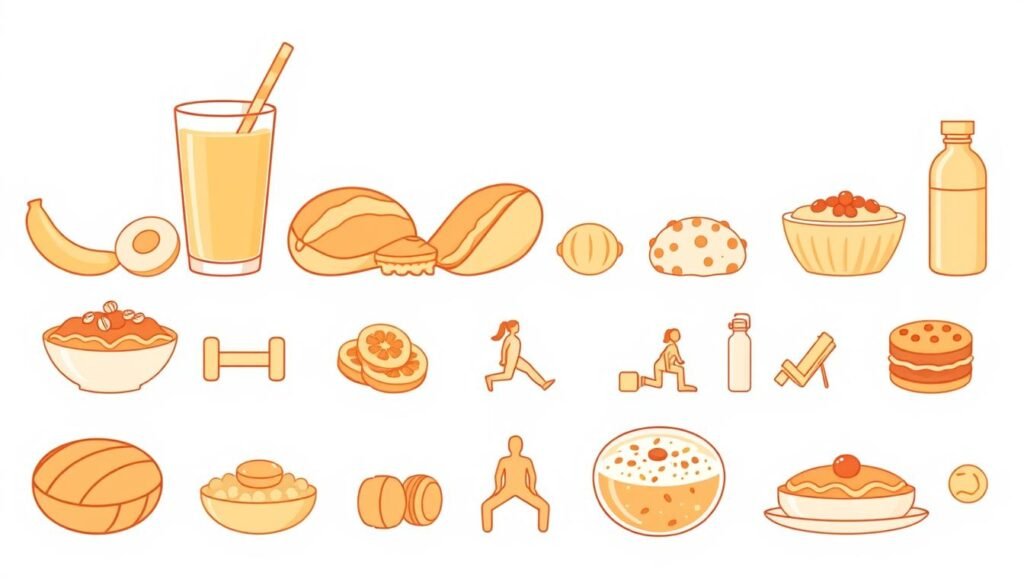 A clean, minimalist illustration depicting various peanut butter-based recipes and healthy snack ideas arranged in a visually appealing layout. The foreground showcases an array of enticing dishes like peanut butter and banana smoothies, peanut butter energy balls, and peanut butter overnight oats, rendered in a soft, photorealistic style with warm, natural lighting. The middle ground features simple icons or silhouettes of fitness-related objects like dumbbells, yoga mats, and water bottles, subtly reinforcing the fitness-focused theme. The background maintains a clean, uncluttered white or light pastel backdrop, allowing the peanut butter recipes to take center stage. The overall mood is fresh, wholesome, and appetizing, inspiring the viewer to incorporate peanut butter into their healthy lifestyle.