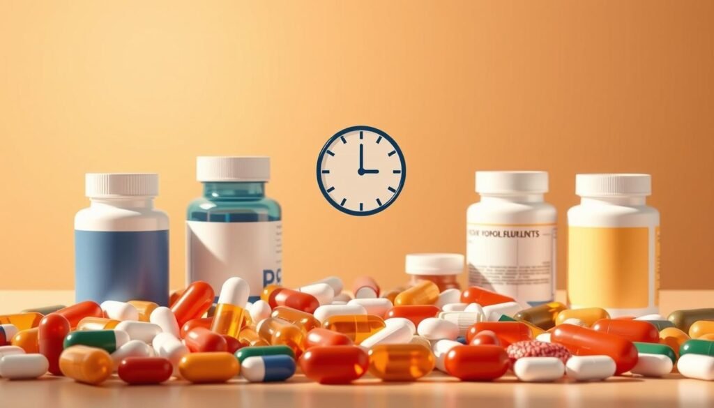 A clean, modern illustration showcasing iron supplement dosage timing. In the foreground, a set of various iron supplement pills and capsules arranged in a neat grid. Backlit by soft, indirect lighting to emphasize the textures and colors. In the middle ground, a simple clock icon with hour and minute hands indicating the ideal timing for supplement intake. The background features a simple, minimalist gradient in earthy tones that complement the warm hues of the iron supplements. The overall composition should convey a sense of informative clarity and visual harmony, suitable for an educational article on increasing ferritin levels.