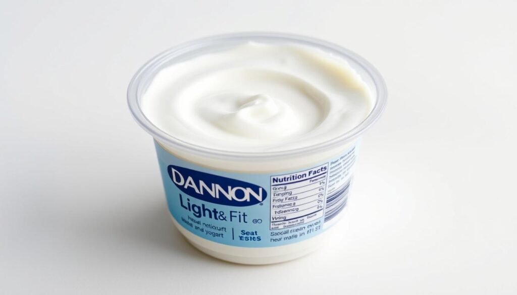 A clean, well-lit photograph of a clear plastic container filled with Dannon Light & Fit yogurt, showcasing the smooth, creamy texture and the nutrition facts label clearly visible on the side of the container. The container is placed on a plain, light-colored surface, allowing the yogurt and its label to take center stage. The image conveys a sense of simplicity, health, and transparency, aligning with the subject matter of the article section.
