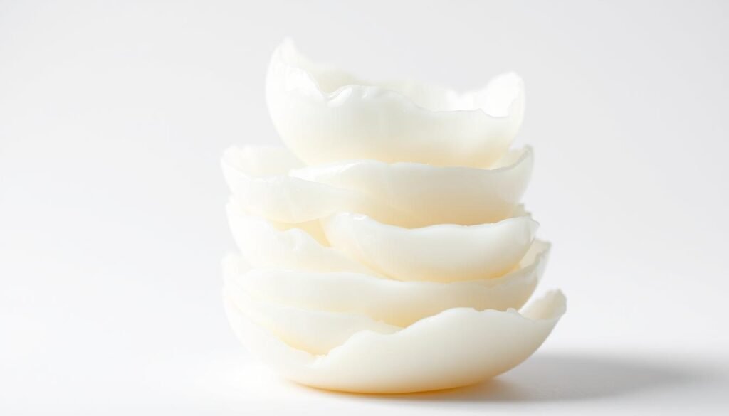 A close-up, detailed illustration of a stack of freshly cracked egg whites against a plain white background. The egg whites are glistening and translucent, showcasing their natural purity. The lighting is soft and diffused, highlighting the delicate texture and glossy sheen of the egg whites. The composition is clean and minimalist, allowing the nutritional power of the egg whites to take center stage. Subtle shadows add depth and dimensionality to the image. The overall mood is one of simplicity, purity, and the inherent goodness of this versatile and wholesome ingredient.