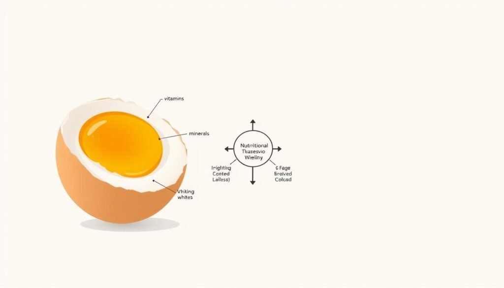 A close-up, detailed illustration of the internal structure and nutrients of a cracked open egg, shown in a clean, minimalist style. The foreground features the cross-section of the egg, highlighting the yolk, whites, and various vitamins, minerals, and other beneficial compounds labeled with icons. The middle ground showcases a simplified diagram or infographic pointing out the key nutritional benefits of egg components for skin health. The background is a plain, off-white or soft gray backdrop, allowing the egg details to be the focal point.