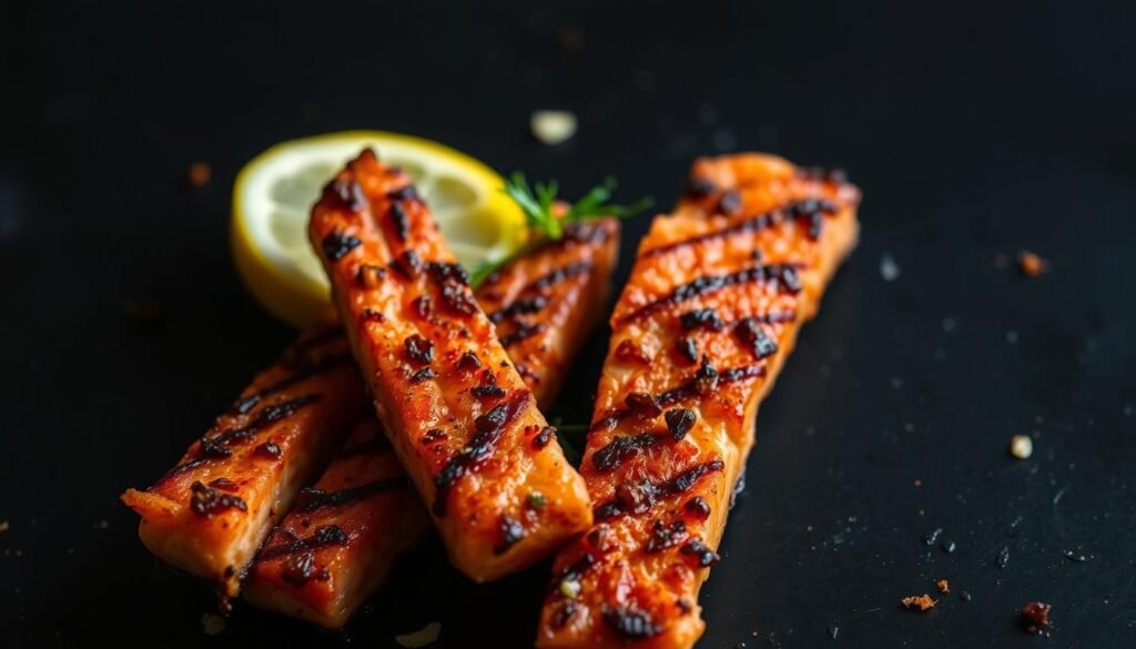 A close-up, detailed shot of crisp, blackened salmon tips on a dark background. The salmon is seasoned with a blend of paprika, garlic, and earthy spices, resulting in a caramelized, crunchy exterior. The tips are arranged in an artful, appetizing manner, with hints of lemon and fresh herbs peeking through. Bright, natural lighting accentuates the salmon's rich, reddish-orange hue and the delicate flakes of the flesh. The entire composition evokes a sense of rustic, flavorful elegance, perfectly capturing the essence of the "crispiest, most flavorful salmon" featured in the article.