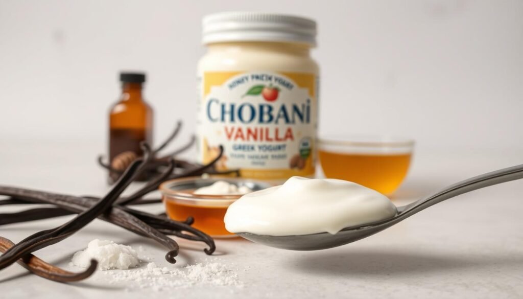 A close-up, high-resolution photograph of the key ingredients in Chobani Vanilla Greek Yogurt, captured with a macro lens and natural lighting. In the foreground, a spoonful of creamy, thick yogurt is prominently displayed, surrounded by a selection of whole vanilla beans, fresh vanilla extract, and a sprinkle of cane sugar. In the middle ground, a jar of Chobani yogurt stands alongside a small bowl of vibrant, golden honey. The background features a clean, neutral surface, allowing the ingredients to take center stage and showcase their quality and freshness. The overall mood is one of simplicity, purity, and a celebration of the natural flavors that make up this healthy dairy product.