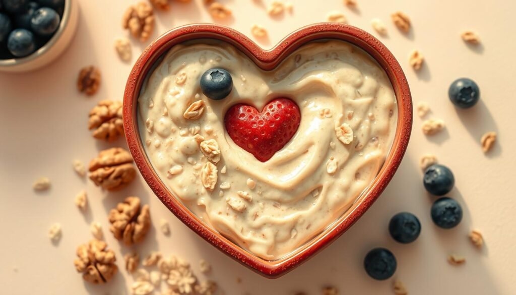 A close-up illustration of a heart-shaped bowl filled with creamy oatmeal, surrounded by a variety of heart-healthy ingredients such as walnuts, blueberries, and a subtle medical icon representing cholesterol levels. The scene is illuminated by warm, diffused lighting, evoking a sense of nourishment and wellness. The background is a soft, muted color palette, allowing the oatmeal and its accompaniments to take center stage, symbolizing the connection between oatmeal consumption and improved heart health.