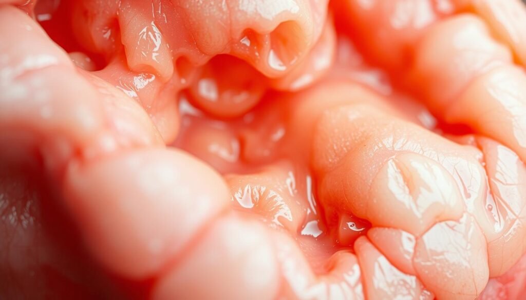 A close-up macro photograph of human gum tissue, showcasing the natural pigmentation and varied hues within. The image should have a soft, natural lighting to accentuate the textural details of the gums, captured at a high resolution with a shallow depth of field to focus the viewer's attention. The gum tissue should fill the majority of the frame, with a clean, neutral background to isolate the subject. The composition should convey a sense of clinical study and analysis, highlighting the diversity of gum coloration as an important aspect of oral health.