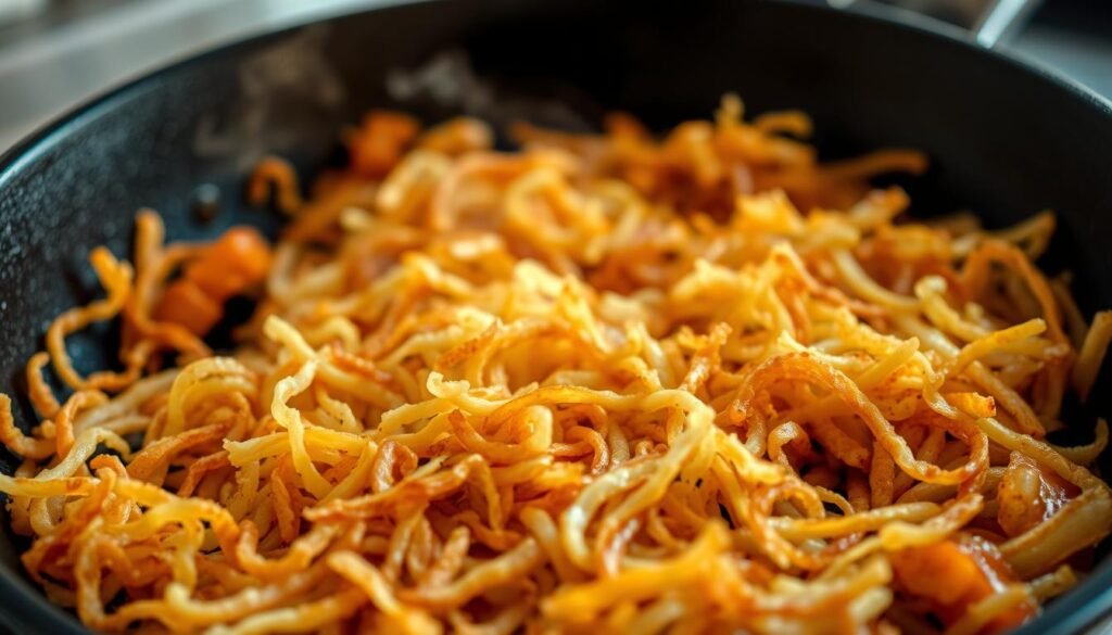 A close-up of crispy, golden-brown hash browns on a cast-iron skillet, sizzling over a bright gas stove. The potatoes are shredded into thin, lacy strands, crisped to perfection with a delicate crunch. Wisps of steam rise from the pan, hinting at the heat and sizzle. The lighting is warm and even, casting subtle shadows that accentuate the texture. The angle is slightly elevated, allowing the viewer to appreciate the intricate detail of the hash browns. The background is blurred, keeping the focus on the main subject. The overall mood is one of culinary anticipation, inviting the viewer to imagine the satisfying taste and texture of these expertly prepared hash browns.