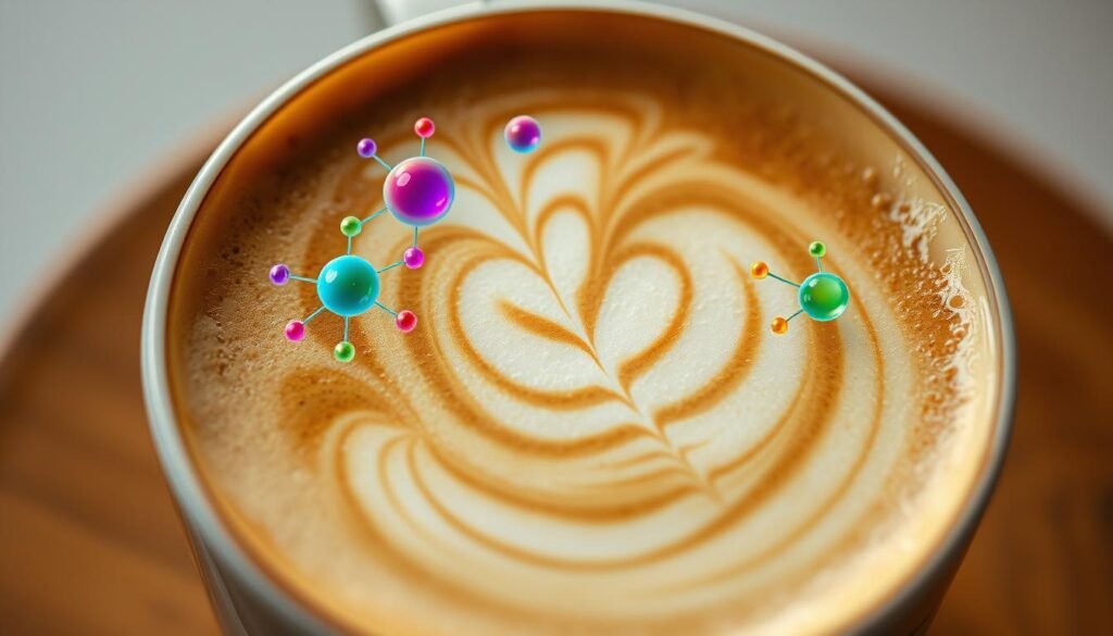 A close-up photograph of a steaming hot cappuccino cup, its creamy froth adorned with intricate latte art. Swirling within the rich, velvety espresso are vibrant, dynamic illustrations of antioxidant molecules, such as vitamin C, vitamin E, and polyphenols, signifying the potential health benefits of this beloved caffeine-infused beverage. The lighting is soft and diffused, casting a warm, inviting glow on the scene. The camera angle is slightly elevated, providing a birds-eye view that emphasizes the details and textures of the cappuccino and its hidden nutritional treasures. An atmosphere of tranquility and mindfulness pervades the image, inviting the viewer to savor the moment and contemplate the complexities of this everyday indulgence.