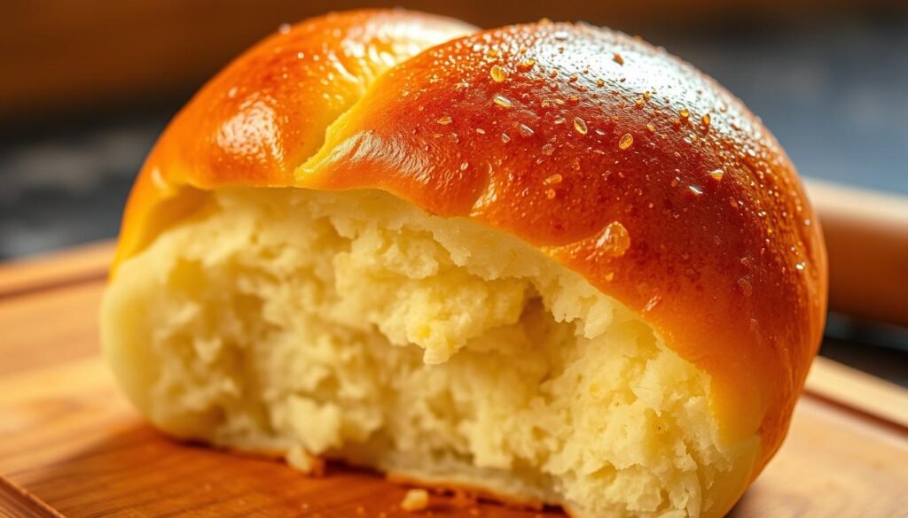 A close-up shot of a freshly baked Hawaiian roll, its soft, golden crust glistening under warm lighting. The interior is visibly fluffy and moist, with a generous sprinkling of sugar crystals that have caramelized, creating an enticing, amber-hued glaze. The roll is positioned on a wooden cutting board, highlighting its homemade, artisanal quality. The background is slightly blurred, creating a sense of focus on the roll and the sugar within, symbolizing the potential health concerns associated with excessive sugar content in this popular bread.