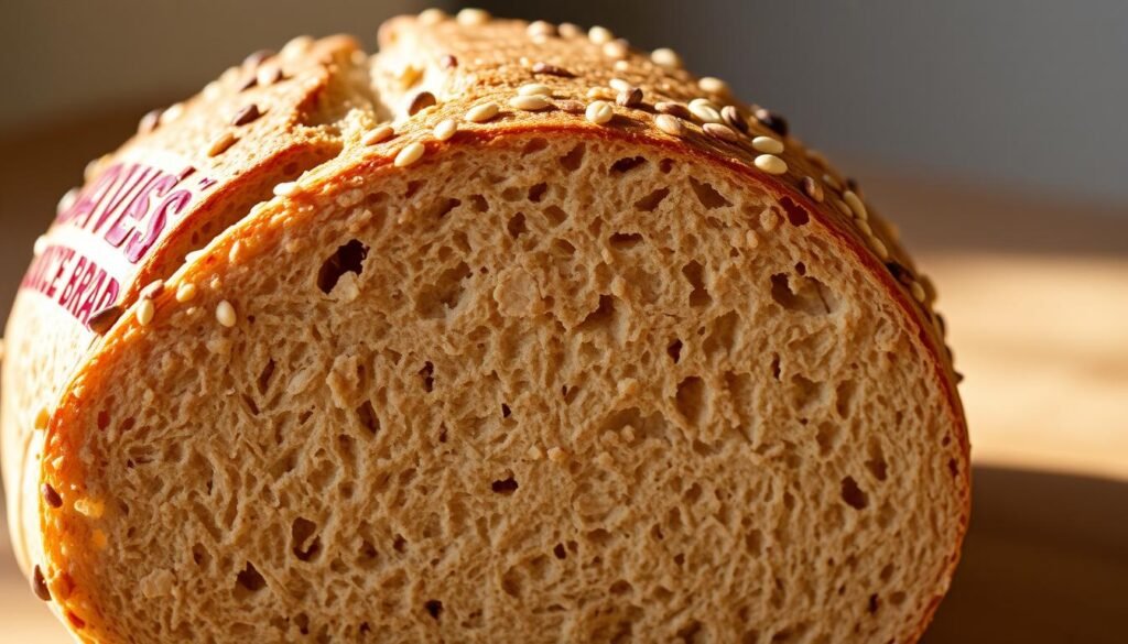 A close-up shot of a freshly baked loaf of Dave's Killer Bread, showcasing its distinctive whole grain texture and a medley of seeds scattered across the golden-brown crust. The lighting is warm and natural, casting gentle shadows that accentuate the artisanal, homemade appearance. The camera angle is slightly elevated, highlighting the bread's sturdy, substantial form, inviting the viewer to appreciate its wholesome, nutrient-rich ingredients. The overall mood is one of rustic simplicity and wholesome goodness, reflecting the brand's commitment to providing a healthier alternative in the bread aisle.