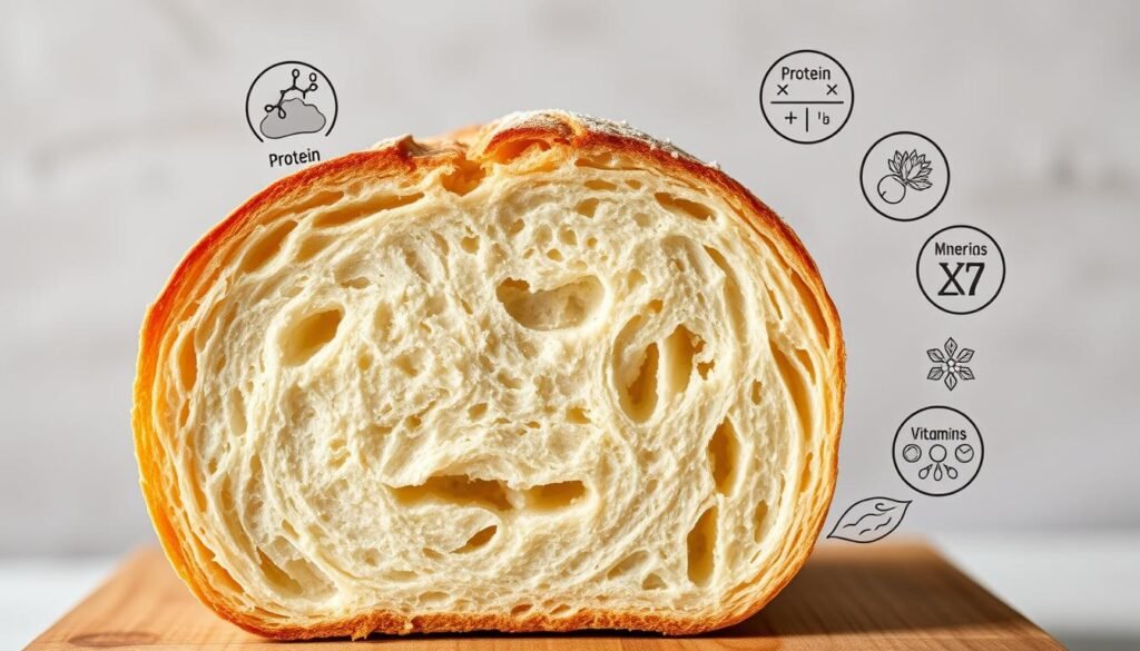 A close-up shot of a freshly baked sourdough loaf, its golden crust glistening under soft, diffused lighting. The bread's cross-section reveals a delicate, airy crumb and a distinct layered structure. Surrounding the bread are various nutritional icons, such as a protein molecule, vitamins, and minerals, emphasizing the exceptional nutritional benefits of sourdough. The background is a subtly textured, neutral palette, allowing the bread and its health-promoting elements to take center stage. The overall composition conveys a sense of artisanal craftsmanship and the unique properties that make sourdough an exceptionally nutritious bread.
