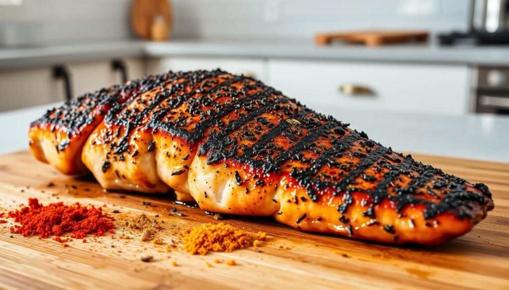A close-up shot of a freshly grilled blackened fish fillet, its crisp, charred exterior glistening under warm, natural lighting. The fish rests atop a wooden cutting board, surrounded by a scatter of aromatic spices, including paprika, garlic powder, and cayenne. In the background, a simple, minimalist kitchen setting, with clean white tiles and a hint of stainless steel appliances, creating a modern, sophisticated atmosphere. The overall scene conveys the mouthwatering appeal of this classic blackened fish recipe, ready to be showcased in a culinary guide.