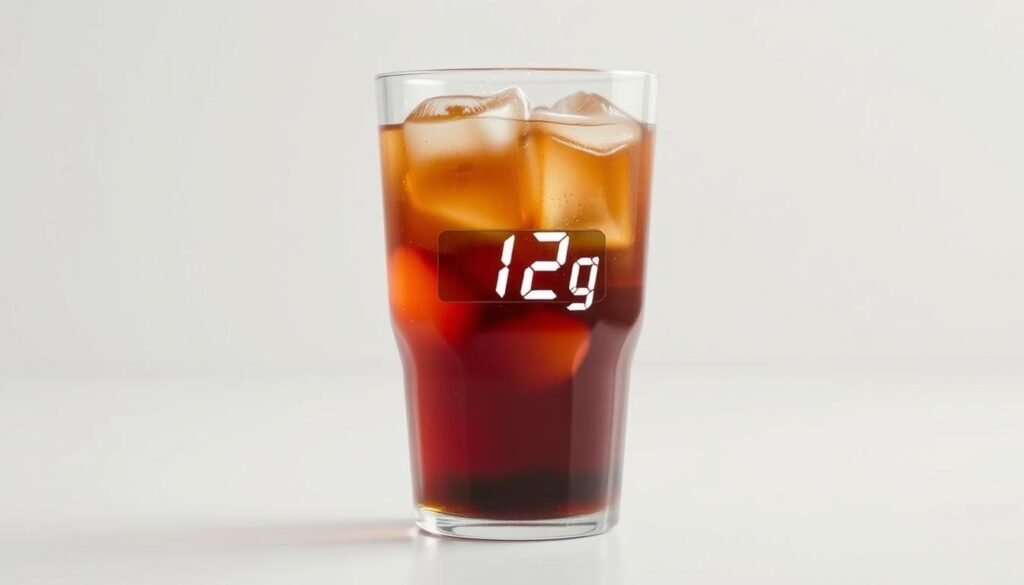 A close-up shot of a glass filled with iced Brisk tea, showcasing the sugar content with a digital display depicting "12g" to illustrate the amount of sugar in a typical serving. The glass is placed on a clean, minimalist surface, with a simple, elegant composition that highlights the focal point. The lighting is soft and diffused, creating a calming, informative atmosphere. The image should convey a sense of visual clarity and emphasis on the key information, without distracting elements, to support the article's discussion of Brisk tea's sugar content and health implications.