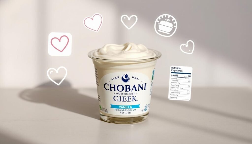 A close-up shot of a glass yogurt container filled with creamy vanilla Greek yogurt, set against a neutral background. The container's label prominently displays the Chobani logo and product name. Surrounding the yogurt container are various health-related icons and symbols, such as a heart, a weight scale, and a nutrition facts label, conveying the nutritional benefits of the product. The lighting is soft and natural, casting gentle shadows and highlights on the yogurt's texture. The overall composition is clean, balanced, and inviting, encouraging the viewer to consider the health merits of this particular Greek yogurt.