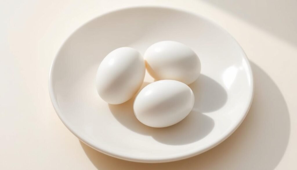 A close-up shot of a pristine white ceramic plate with a pair of perfectly boiled egg whites nestled in the center. The eggs glisten under soft, indirect lighting, casting subtle shadows that accentuate their smooth, creamy texture. The background is a minimalist, off-white surface, allowing the simplicity and purity of the subject to take center stage. This image conveys the nutritional benefits of boiled egg whites as a lean protein source for weight management and muscle growth, highlighting their clean, unembellished presentation.
