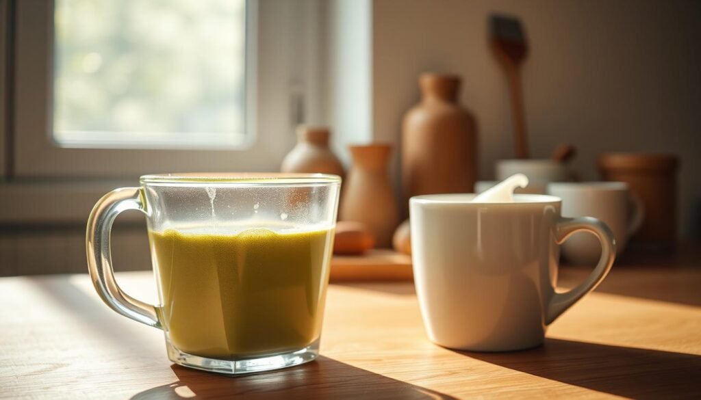 A close-up still life photograph of the ingredients for a Starbucks matcha latte, illuminated by warm, natural lighting from a large window. In the foreground, a glass measuring cup filled with vibrant green matcha powder sits alongside a metal pitcher of steamed milk. In the middle ground, a white ceramic mug with a dollop of frothy milk rests on a wooden surface, hinting at the final beverage. The background features a minimalist arrangement of simple kitchen objects, creating a clean, uncluttered composition that highlights the essential components of the drink.