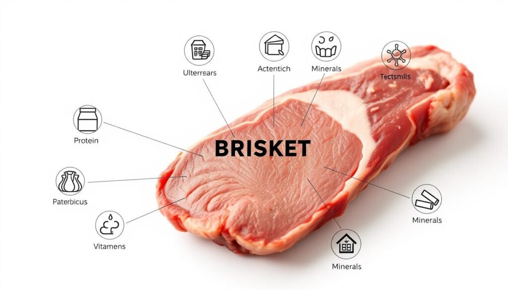A close-up view of a brisket cut of beef, showcasing its nutritional values in a clear, infographic-style layout. The brisket is prominently displayed in the center, with a clean white background. Surrounding the brisket are detailed icons and illustrations representing the key nutrients, such as protein, fat, carbohydrates, vitamins, and minerals. The lighting is soft and even, creating a clean, minimalist aesthetic. The composition is balanced, with the nutritional information arranged in a well-organized manner to provide a comprehensive understanding of brisket's nutritional profile.