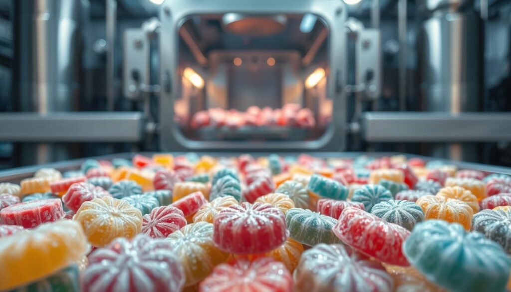 A close-up view of a freeze-drying process for candy, showcasing the intricate steps involved. In the foreground, a tray of various colorful candies, their surfaces etched with delicate frost patterns. In the middle ground, a transparent chamber with a soft, ambient glow, hinting at the low-pressure environment within. The background features sleek, industrial equipment, conveying the technical nature of the process. The lighting is soft and diffused, creating a sense of calm and precision. The overall scene emphasizes the science and craftsmanship behind preserving the texture, flavor, and vibrant hues of the candy through freeze-drying.