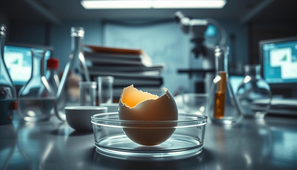 A close-up view of a laboratory setting with various scientific instruments and equipment related to egg research. The foreground features a petri dish with a cracked egg inside, surrounded by beakers, test tubes, and other glassware. The middle ground showcases a microscope and a stack of research papers or scientific journals. The background is dimly lit, creating a focused, serious atmosphere, with the faint outlines of charts, graphs, and computer screens visible, suggesting an in-depth analysis of egg-related data and findings. The lighting is soft and diffused, creating a sense of scientific inquiry and attention to detail.