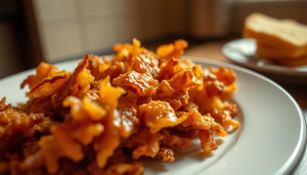A close-up view of a plate of crispy, golden-brown hash browns, their rough, jagged edges glistening with oil. The hash browns sit atop a white ceramic plate, casting subtle shadows on the surface. The lighting is warm and slightly moody, creating a sense of depth and texture. The background is blurred, suggesting a kitchen or diner setting, with a hint of neutral-toned walls or countertops visible. The overall mood is one of temptation and potential indulgence, hinting at the possible health risks associated with consuming these savory potato delights.