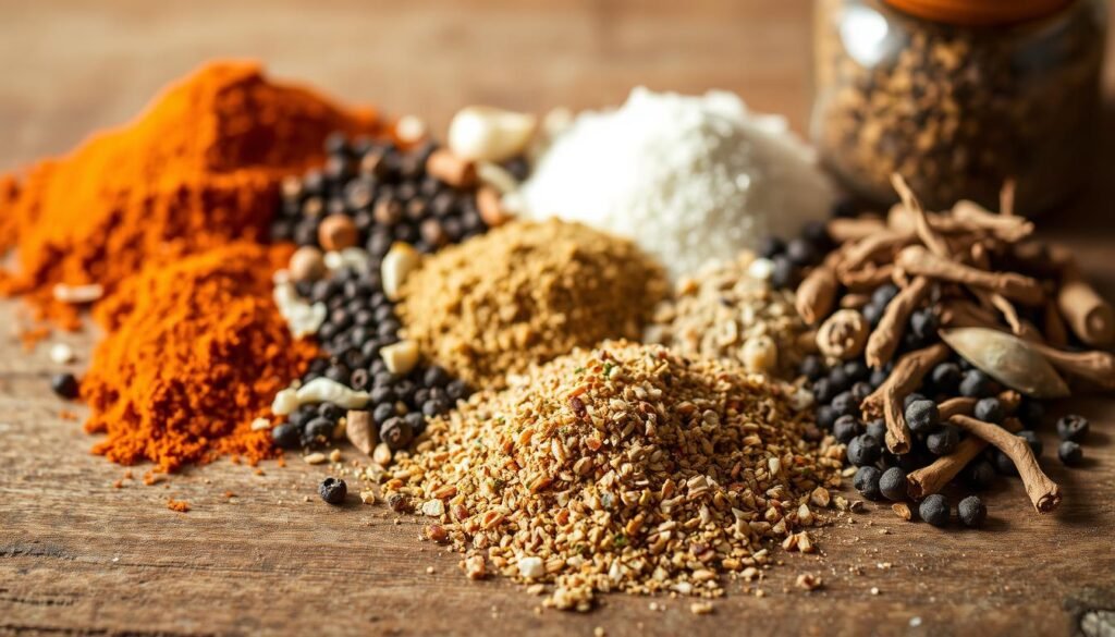 A close-up view of various dried herbs, spices, and seasonings arranged neatly on a rustic wooden surface. The foreground features a mix of paprika, garlic powder, onion powder, black pepper, and other aromatic ingredients commonly used in a homemade blackened salmon seasoning blend. The middle ground showcases a small pile of the seasoning mix, while the background softly blurs into a neutral, earthy tone, creating a sense of focus on the seasoning itself. The lighting is warm and natural, casting gentle shadows that accentuate the textures and colors of the ingredients. The overall composition and styling convey a homemade, artisanal feel, suitable for illustrating a section on homemade blackened salmon seasoning.