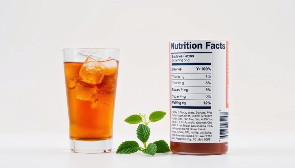 A crisp, clean composition showcasing the Brisk Iced Tea nutrition facts. In the foreground, a sleek, transparent glass filled with ice-cold Brisk Iced Tea, casting a warm, amber glow. Beside it, a minimalist label displaying the key nutritional information - calories, sugar content, and other vital data - in a clear, legible typeface. The middle ground features a sprig of fresh mint, hinting at the tea's natural, refreshing qualities. The background is a soft, muted gradient, allowing the core elements to take center stage and command attention. Bright, even lighting illuminates the scene, creating a sense of clarity and authenticity. This image captures the essence of Brisk Iced Tea's nutritional profile in a visually appealing and informative manner.