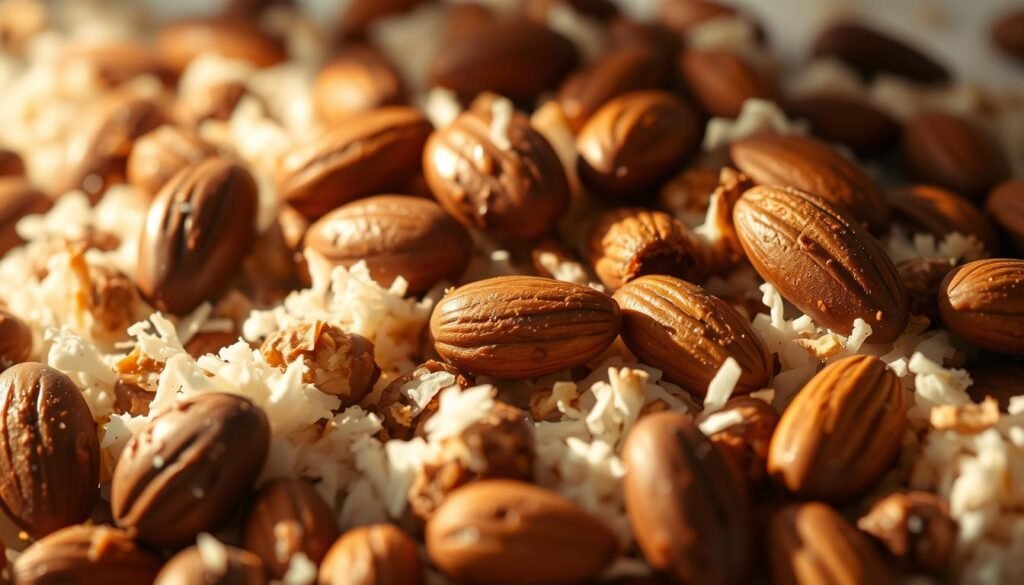A delectable arrangement of chocolate-coated coconut and almonds, bathed in warm, golden light. Glossy brown and cream tones mingle, creating a visually enticing blend. Intricate textures of crunchy nuts and soft, shredded coconut draw the eye, while the rich chocolate coating adds depth and contrast. The composition is framed in a clean, minimalist setting, allowing the ingredients to shine. Soft shadows and highlights accentuate the three-dimensional nature of the elements, giving the scene a sense of depth and balance. This captivating still life captures the essence of the beloved Almond Joy candy, inviting the viewer to indulge in its delectable flavors.