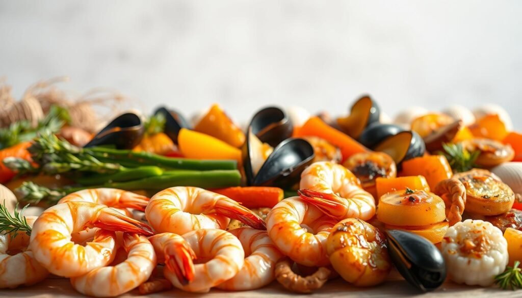 A delectable seafood medley arranged in a visually balanced composition, set against a soft, muted background. In the foreground, a selection of fresh shrimp, mussels, and scallops glistens under warm, natural lighting, hinting at their succulent flavors. The middle ground features a mix of roasted vegetables, such as asparagus, bell peppers, and zucchini, creating a harmonious color palette. In the background, subtle references to the ocean, like a distant horizon or a few seashells, evoke a sense of coastal tranquility. The overall scene conveys a well-rounded, nutritious seafood meal, perfect for a balanced and healthy dining experience.