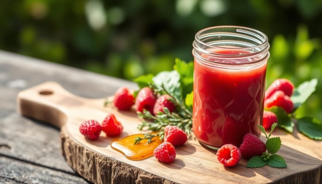 A delightful raspberry vinaigrette, elegantly presented on a rustic wooden board. In the foreground, a glass jar overflows with a vibrant reddish-pink dressing, its glossy sheen catching the soft, natural lighting. Surrounding it, fresh raspberries, a sprig of thyme, and a drizzle of honey, all artfully arranged to evoke the flavors and textures of this simple, yet sophisticated recipe. In the background, a blurred landscape of lush greenery, hinting at the wholesome, garden-fresh ingredients. The scene exudes a sense of balance, inviting the viewer to explore the delicate balance of sweet, tart, and herbaceous notes that make this raspberry vinaigrette a culinary delight.