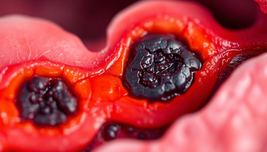 A detailed anatomical close-up illustration of melanin pigmentation in human gum tissue. The image shows a vibrant, high-contrast cross-section revealing the intricate biological structures responsible for the dark coloration. Crisp lighting and a shallow depth of field create a clinical, scientific mood, highlighting the nuanced hues and textures of the pigmented gingival tissue. The composition focuses tightly on the subject, filling the frame with an arresting, almost abstract study of this natural oral phenomenon.