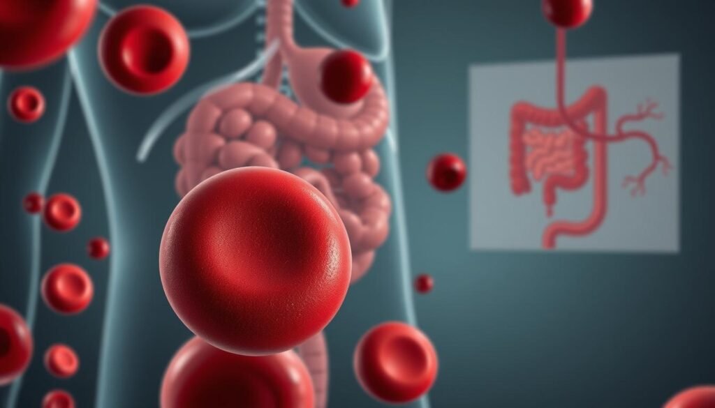 A detailed anatomical illustration of the internal effects of iron deficiency anemia. In the foreground, a magnified view of red blood cells, their diminished size and pale coloration indicating reduced hemoglobin. In the middle ground, a cross-section of the small intestine, highlighting the impaired absorption of iron. In the background, a simplified diagram of the circulatory system, with vessels constricted and blood flow reduced. The scene is rendered in a muted, clinical color palette, with soft lighting casting subtle shadows to emphasize the medical subject matter. The overall mood is one of informative clarity, designed to educate the viewer on the physiological mechanisms underlying iron deficiency anemia.