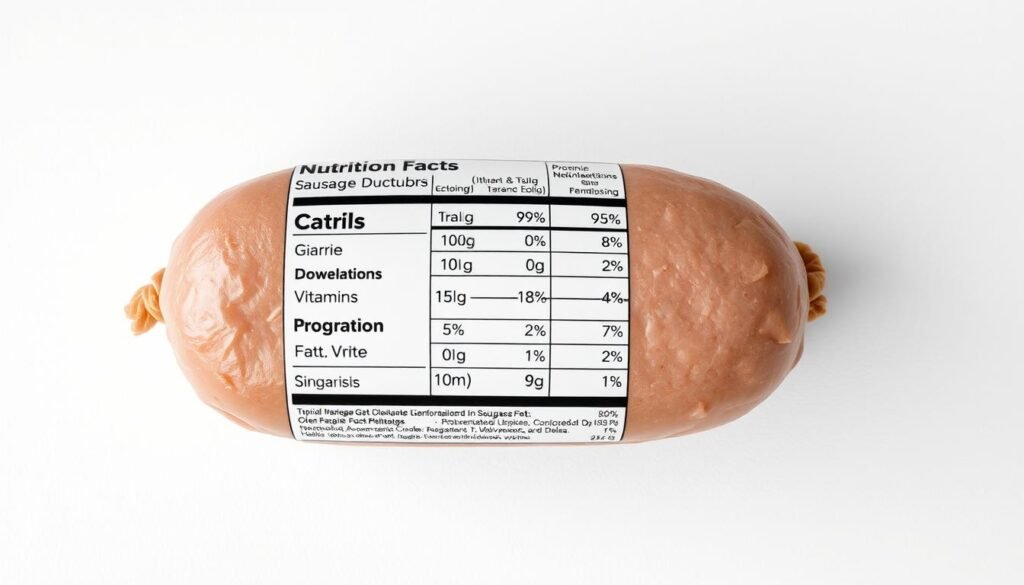 A detailed and informative nutrition label for a typical sausage product, featuring a clear breakdown of its macronutrients, vitamins, and minerals. The label is rendered in a clean, minimalist style with a neutral color palette, allowing the key nutritional information to stand out prominently. The composition places the label at the center, with a plain white background that creates a sense of focus and emphasis. Subtle shadowing and realistic textures lend depth and realism to the overall image, conveying a sense of authority and trustworthiness regarding the sausage's nutritional profile.