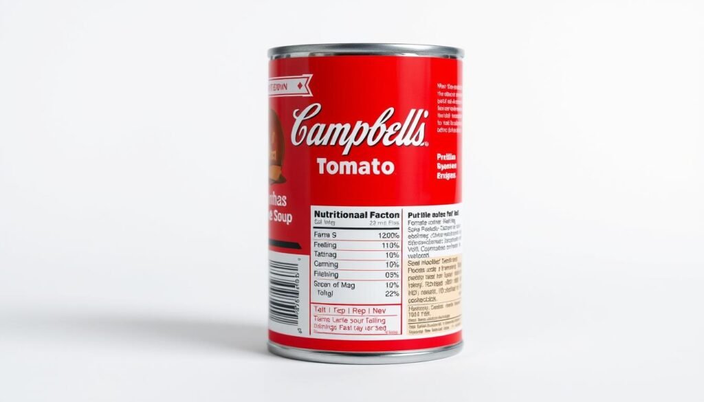 A detailed and visually striking nutritional label for a can of Campbell's Tomato Soup, showcasing the product's key nutritional facts and values. The label is presented against a clean, minimalist background, allowing the information to take center stage. The label is rendered in a crisp, high-resolution format, with clear typography and carefully arranged data points. The overall composition conveys a sense of informative clarity, guiding the viewer through the essential nutritional breakdown of this classic soup.