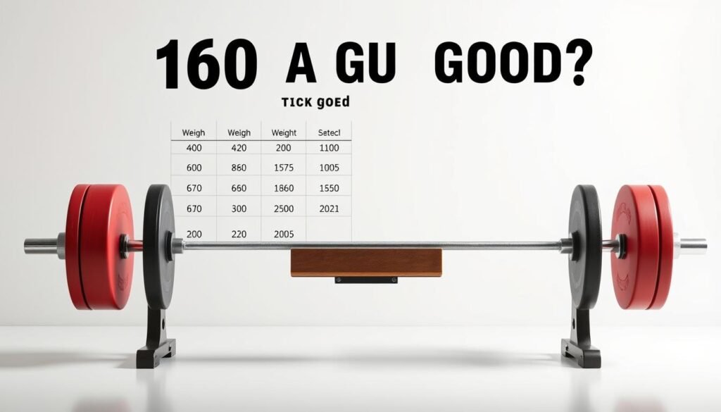 A detailed bench press strength chart against a clean, minimalist background. The chart displays a range of weight increments and corresponding repetition values, showcasing the benchmark strength levels for a typical male lifter. The chart is rendered with a technical, data-driven aesthetic, using clean typography and simple icons to convey the information effectively. The lighting is soft and even, highlighting the clarity of the chart elements. The overall mood is one of practical utility, guiding the viewer to evaluate their own strength and potential in the context of the "is 160 a guy good" discussion.