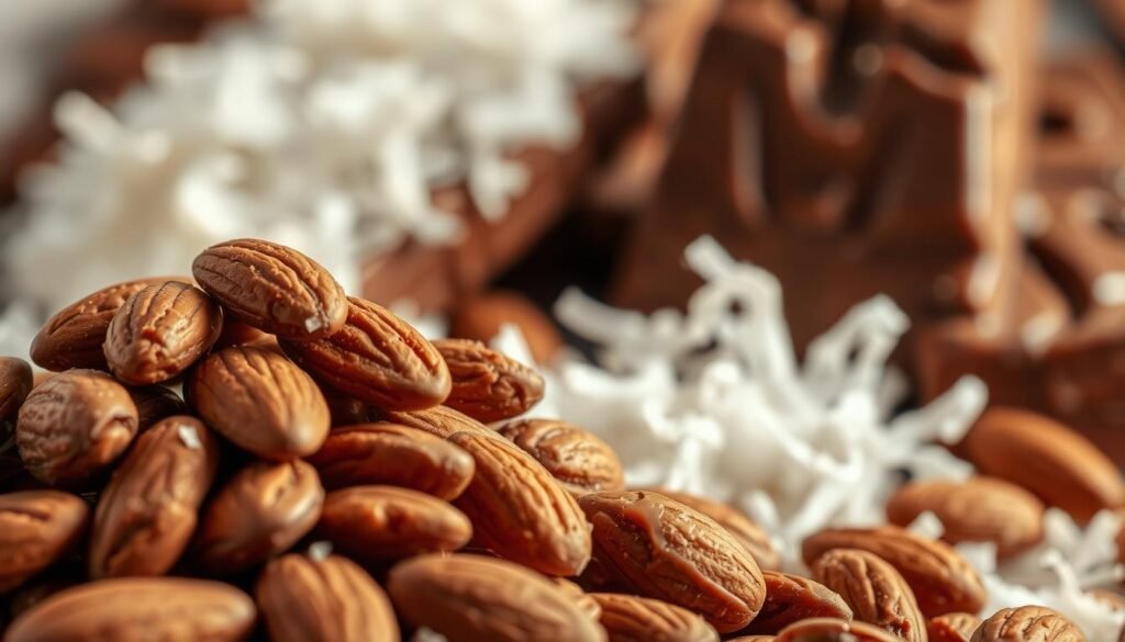 A detailed close-up composition showcasing the key ingredients of Almond Joys. In the foreground, a pile of whole almonds, their rich brown tones and intricate textures illuminated by warm, directional lighting. In the middle ground, shredded coconut flakes cascade elegantly, their snowy white hues contrasting beautifully. Behind them, a soft, blurred background reveals the rich, chocolatey brown of Almond Joy candy bars, their iconic shape and packaging recognizable yet out of focus. The overall mood is one of artisanal quality and natural indulgence, inviting the viewer to appreciate the carefully selected components that make Almond Joys a delectable treat.