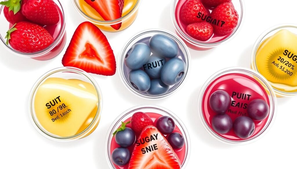 A detailed close-up illustration of various fruit cups, their sugar content prominently displayed. The cups are arranged in a visually appealing manner, highlighting the differences in sugar levels between different fruits. The lighting is soft and diffuse, creating a clean, informative aesthetic. The background is a neutral, light-colored surface, allowing the fruit cups to be the focal point. The perspective is slightly elevated, giving a bird's eye view of the arrangement. The overall mood is educational and informative, inviting the viewer to explore the nuances of sugar content in these common fruit-based snacks.