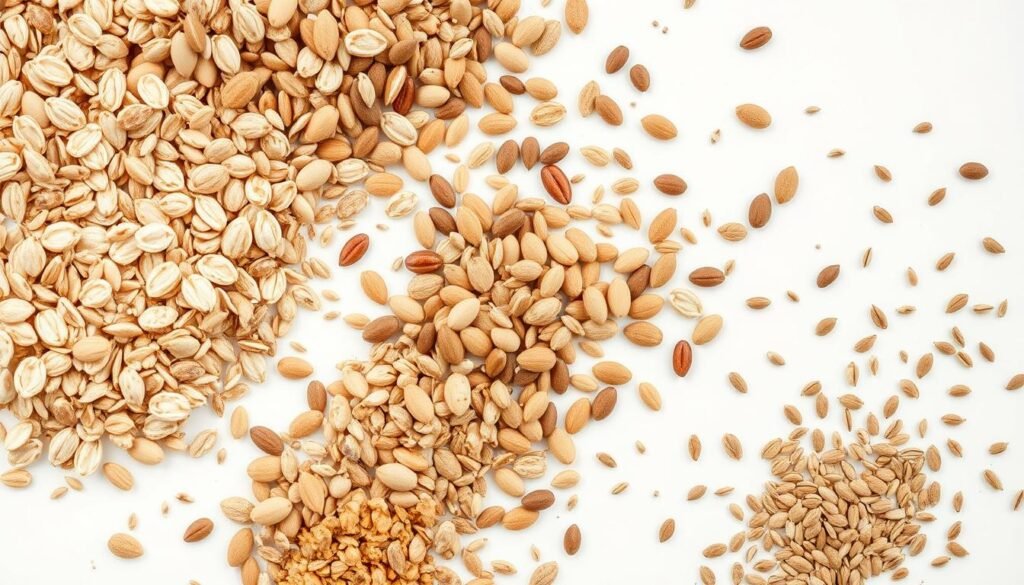 A detailed close-up of assorted whole grain and seed bread components, including rolled oats, cracked wheat, millet, sunflower seeds, flaxseeds, and sesame seeds. The ingredients are neatly arranged against a clean, minimalist white background, evenly lit from above to create clear, even shadows and highlights that emphasize the texture and color variations of the different grains and seeds. The composition is balanced and symmetrical, with the elements strategically positioned to create an appealing, informative visual representation of the key components of a high-fiber bread.