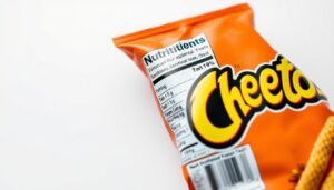 A detailed close-up shot of a Cheetos nutrition label on a plain white background, showcasing the simple and straightforward ingredients and nutritional information. The label is crisp, well-lit, and prominently displayed, allowing the viewer to clearly examine the details. The overall mood is clean, informative, and focused, drawing attention to the key aspects of the product's healthiness or lack thereof. The image should convey a sense of objectivity and transparency, inviting the viewer to make an informed assessment about whether Simply Cheetos are a smart snack choice.