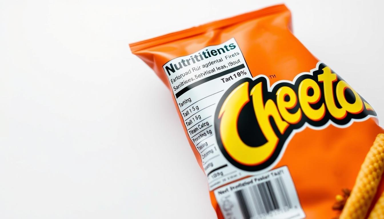 A detailed close-up shot of a Cheetos nutrition label on a plain white background, showcasing the simple and straightforward ingredients and nutritional information. The label is crisp, well-lit, and prominently displayed, allowing the viewer to clearly examine the details. The overall mood is clean, informative, and focused, drawing attention to the key aspects of the product's healthiness or lack thereof. The image should convey a sense of objectivity and transparency, inviting the viewer to make an informed assessment about whether Simply Cheetos are a smart snack choice.