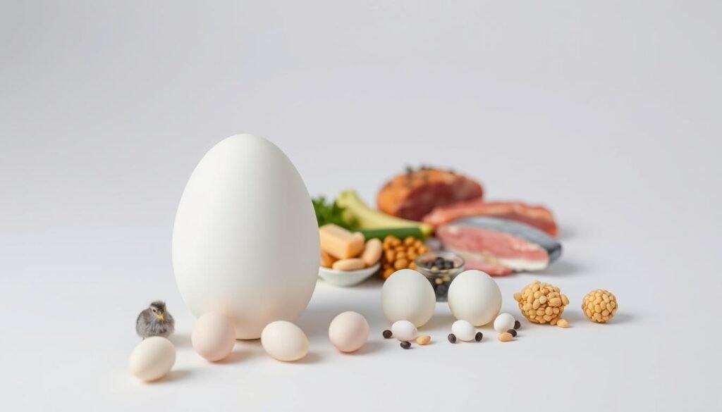 A detailed comparison of different protein sources, visualized through the metaphor of egg sizes. A large chicken egg sits prominently in the foreground, surrounded by smaller quail eggs and medium-sized duck eggs. The middle ground features a variety of protein-rich foods like meat, fish, and legumes, each represented by their corresponding egg-sized portions. The background is a clean, minimalist setting, allowing the viewer to focus on the visual comparisons. Soft, even lighting illuminates the scene, creating a crisp, scientific atmosphere. The overall composition conveys the concept of protein density and quantity in a clear, informative manner.