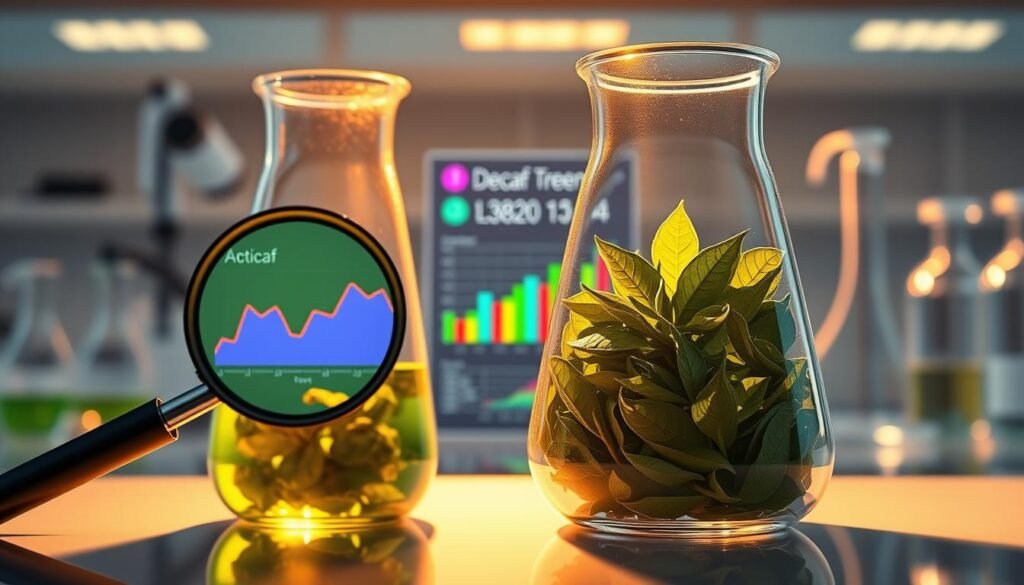 A detailed cross-section illustration of a glass beaker filled with decaf green tea leaves, depicting the antioxidant levels within. The beaker is illuminated by warm, soft lighting, casting gentle shadows. The foreground features a magnifying lens, highlighting the intricate structure and composition of the tea leaves. The middle ground showcases vibrant, colorful graphs and charts illustrating the comparative antioxidant concentrations in decaf green tea versus regular green tea. The background is a clean, minimalist laboratory setting with scientific equipment, conveying a sense of scientific inquiry and investigation.
