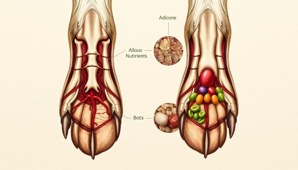 A detailed cross-section illustration of cow feet, showcasing the intricate layers of nutrients and anatomical structures. The foreground features a clean, technical diagram highlighting the key components - bones, connective tissues, and blood vessels. The middle ground incorporates microscopic views of the cellular structures and nutrient compositions, while the background provides a neutral, lightly textured canvas to enhance the scientific, educational feel. Rendered in a muted, earthy color palette with subtle lighting to convey a sense of clarity and precision, capturing the essence of the "Nutrition Facts: What's Inside Cow Feet?" section.