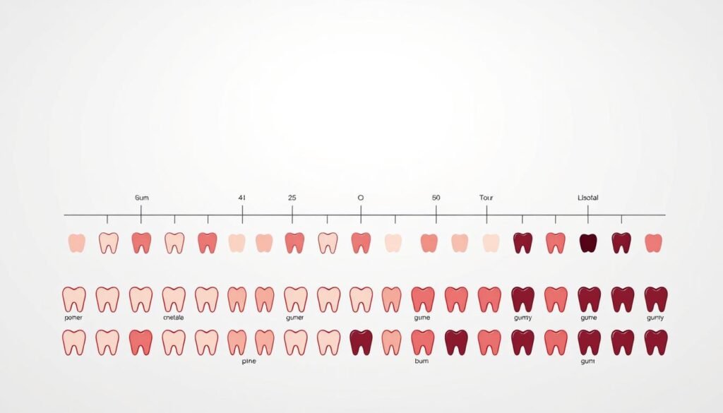 A detailed diagram showcasing the various color indicators of healthy gum tissue, rendered with precision and clarity. A clean, minimalist aesthetic with crisp lines, neutral tones, and a clinical feel, capturing the informative nature of the subject. The foreground features an array of stylized gum icons in a range of hues from pale pink to deep burgundy, arranged in an organized grid. The middle ground includes simple geometric shapes and patterns to delineate the different gum health stages, while the background maintains a stark white space to allow the visual elements to stand out. Soft, even lighting illuminates the scene, creating a sense of balance and professionalism befitting an educational medical illustration.