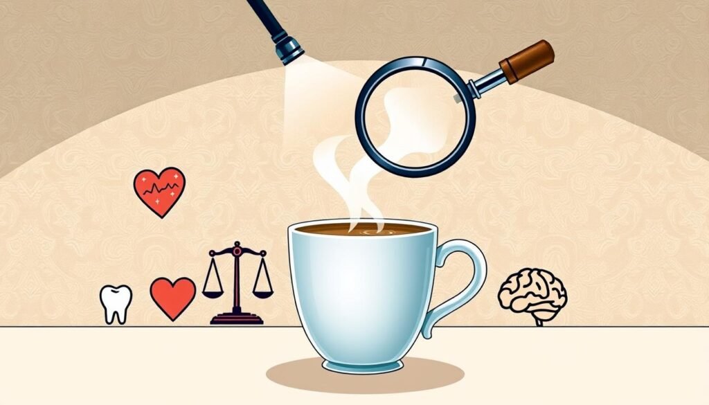 A detailed illustration depicting the potential health risks of drinking cappuccino. In the foreground, a steaming cappuccino cup sits atop a table, surrounded by various icons representing potential health concerns: a heart symbol, a tooth, a scale, and a brain. In the middle ground, a magnifying glass hovers, casting a focused light on the cup, emphasizing the importance of examining the contents closely. The background features a muted, abstract pattern, creating a sense of introspection and consideration. The lighting is soft and diffused, conveying a thoughtful, cautionary tone. The overall composition aims to visually communicate the need to carefully weigh the health impacts of indulging in this popular coffee beverage.